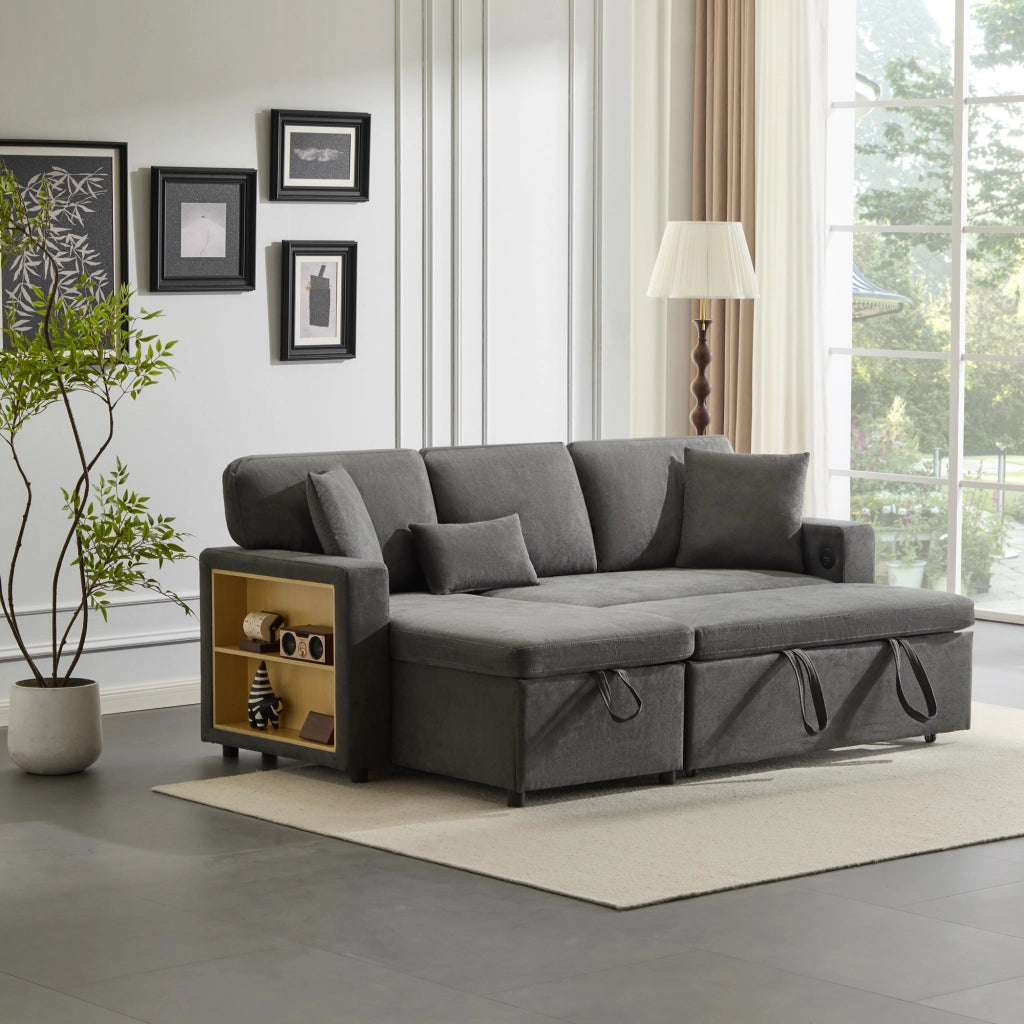 Divano letto angolare 3 posti con contenitore; USB e 3 cuscini; 214 x 131 x 87 cm; grigio scuro