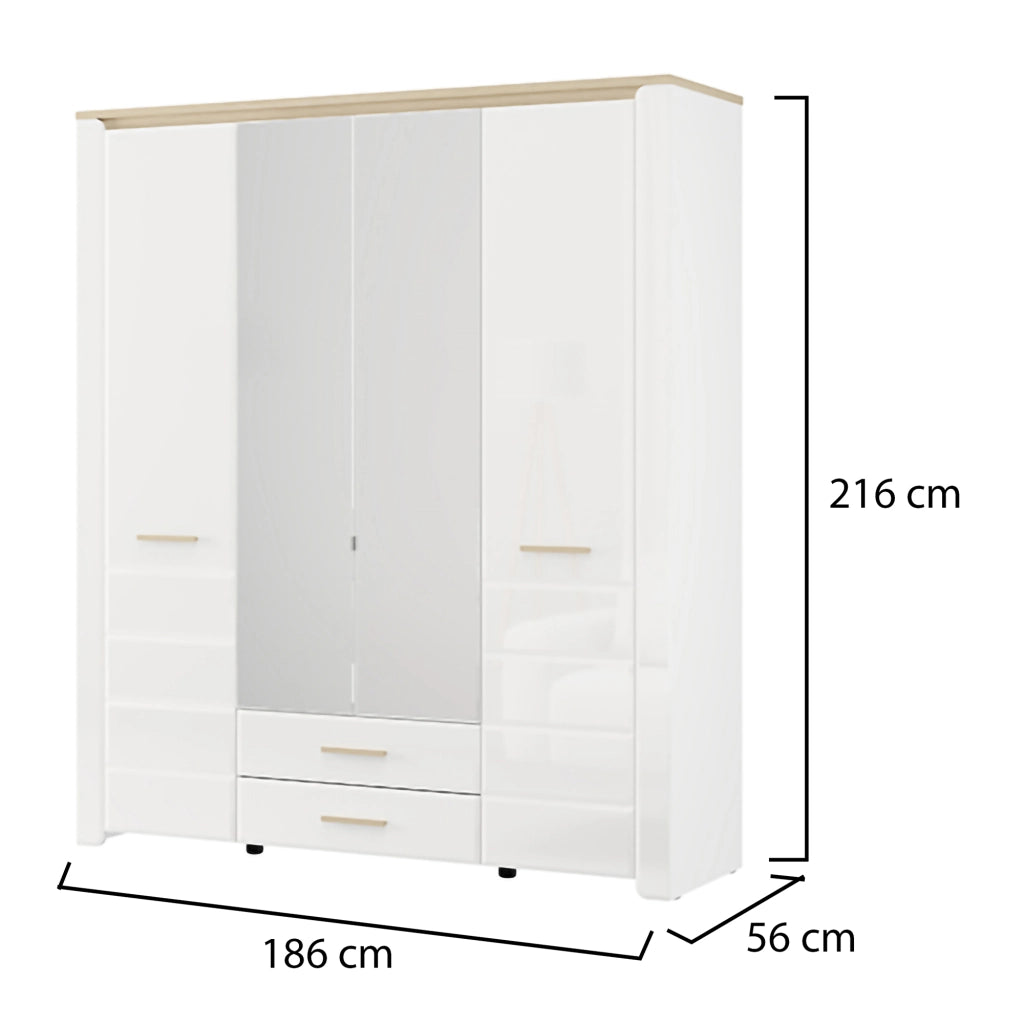Armadio Camera da Letto Mahone, Guardaroba Grande 2 Cassetti, 186x216h cm Bianco Opaco