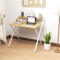 Scrivania Pieghevole con Ripiano Rialzato e Gambe a X, in Legno e Acciaio, 86x66x82 cm, Bianco e color Legno