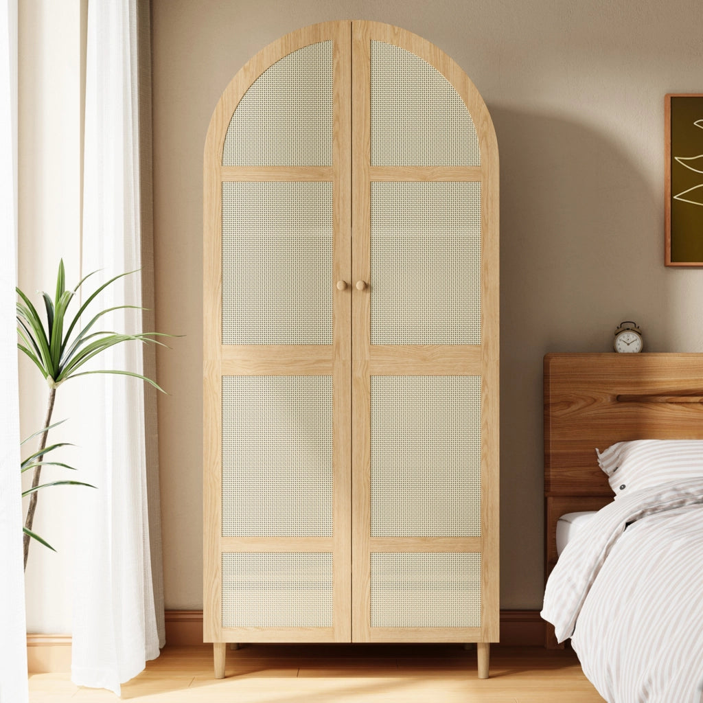 Armadio con ante curve, asta appendiabiti e cassetti, per camera da letto e ingresso, naturale, 80 × 50 × 179 cm
