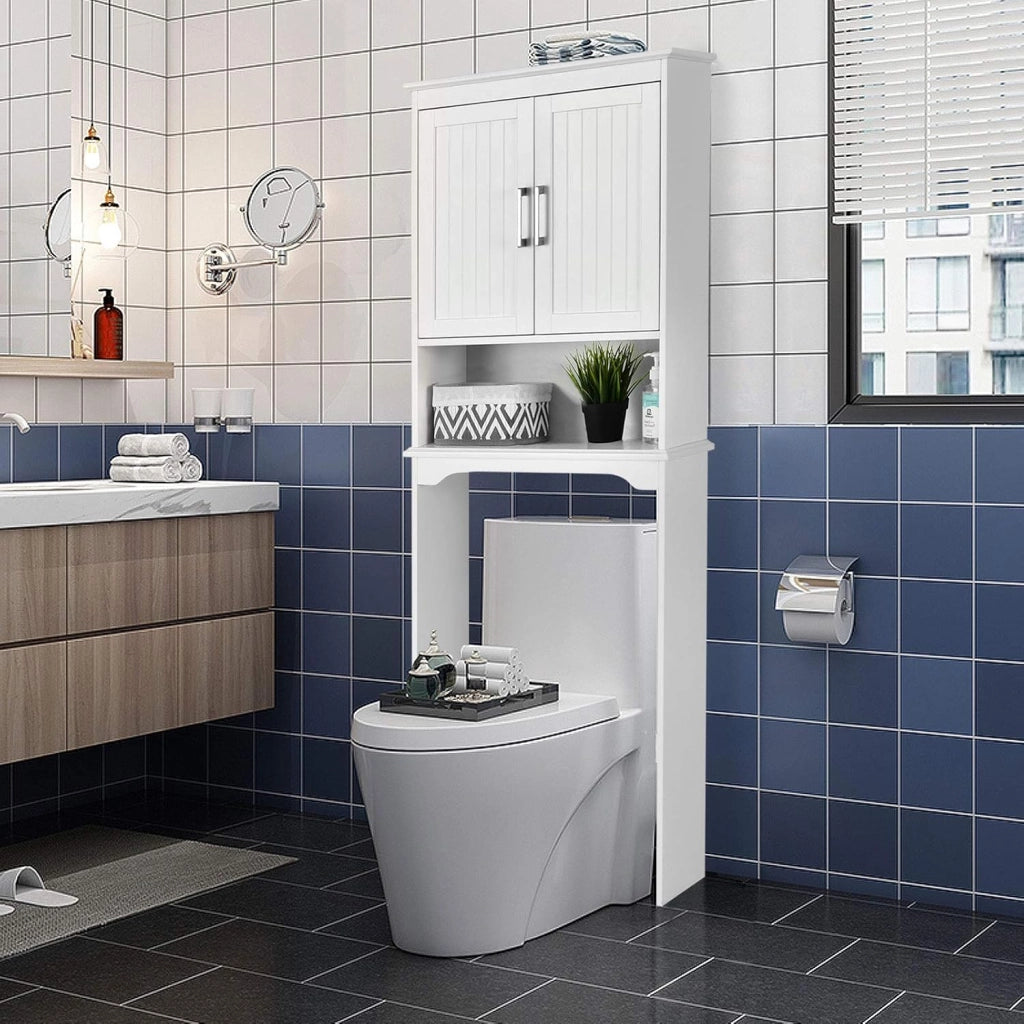 Armadietto portaoggetti sopra la toilette, organizzatore per il bagno con 2 ante, ripiani regolabili e ripiano aperto, scaffale indipendente