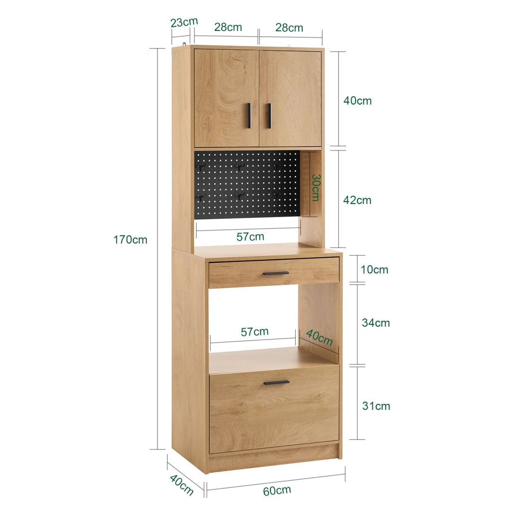 SoBuy Credenza alta da cucina con pegboard Ripiano per microonde e ampio spazio contenitivo Mobile multiuso vintage Naturale 60x40x170 cm FSB98-N