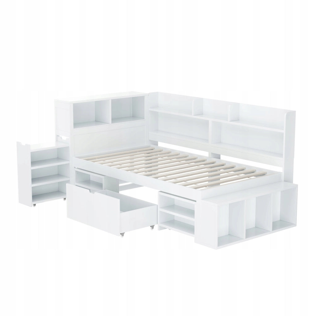 Letto singolo per bambini 90x200 - Xylo - Bianco con cassetti e scaffale