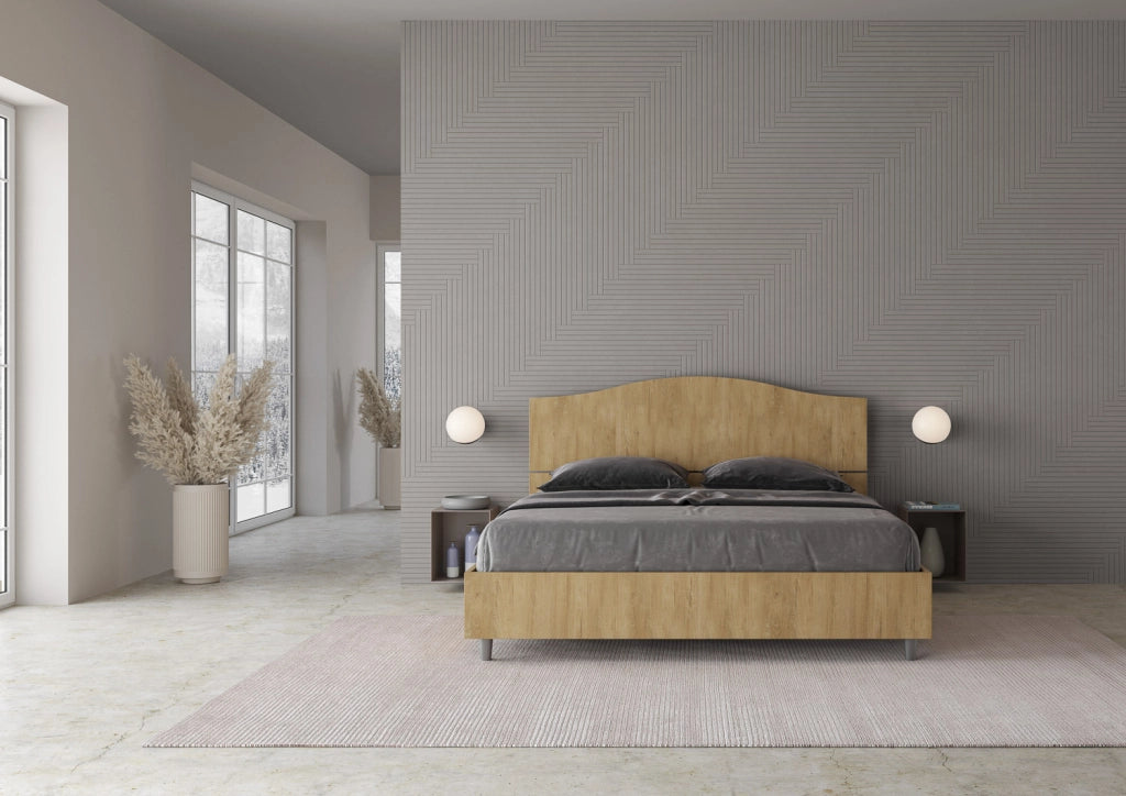 Letto Matrimoniale 160x200 cm con Rete e Contenitore Alzata Comoda Testata Sagomata Dores Quercia