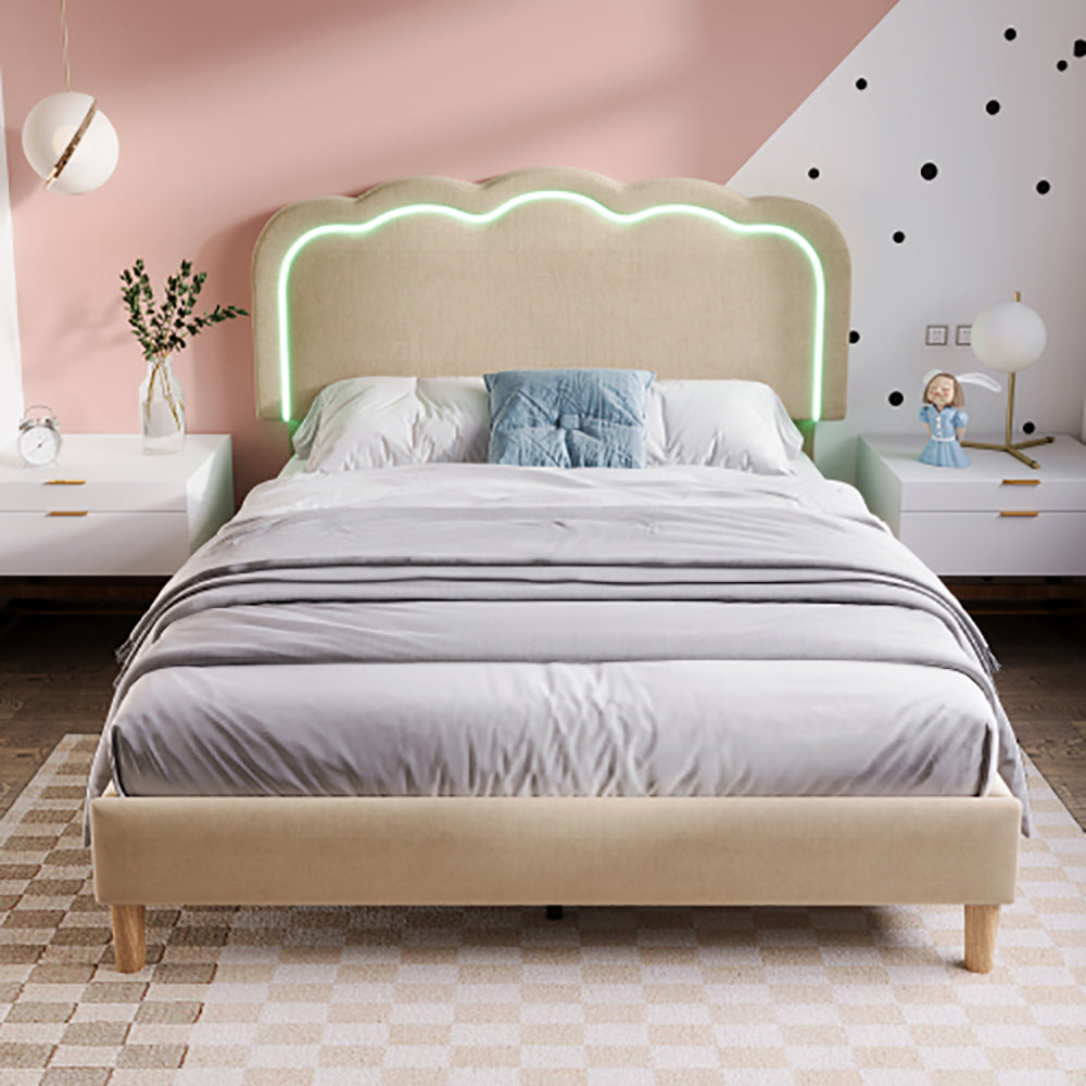 Letto singolo LED con testiera regolabile - Xylo - 90x200 cm - Beige - Imbottito
