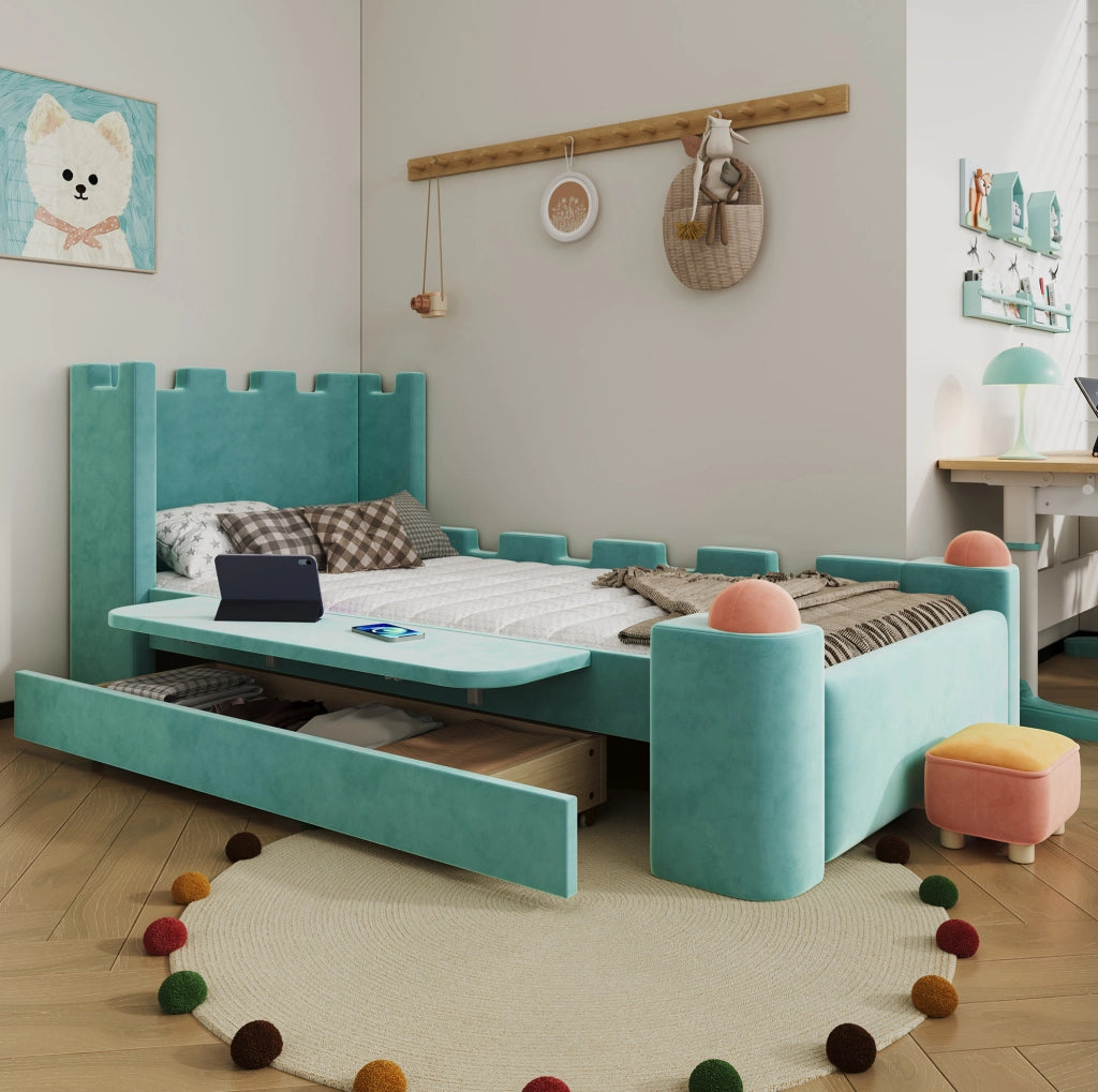 Letto imbottito 90x200 cm con mensola pieghevole e cassetto contenitore in velluto blu verde