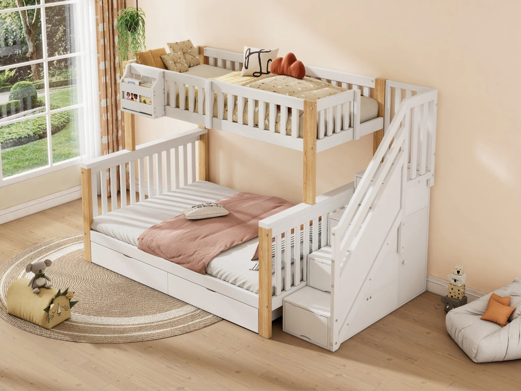 Letto a castello multifunzionale per bambini con contenitori, cassetto, scala-armadio, colore bianco e naturale
