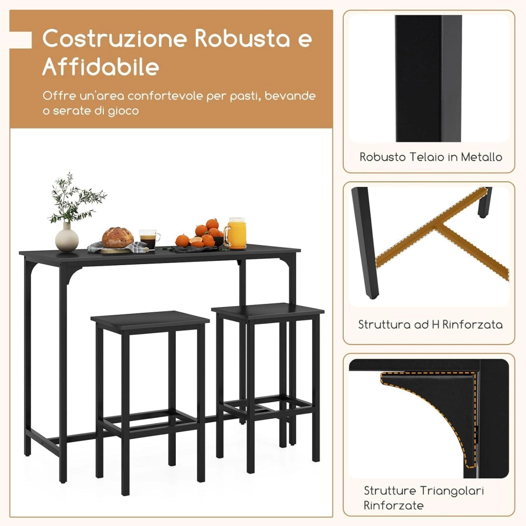 Tavolo con 2 Sgabelli in Metallo e Legno, Set da Pranzo 3 Pezzi, Tavolo Rettangolare da Cucina con 2 Sedie per Sala da Pranzo, Appartamento e Bistro, Stile Retrò (Nero)