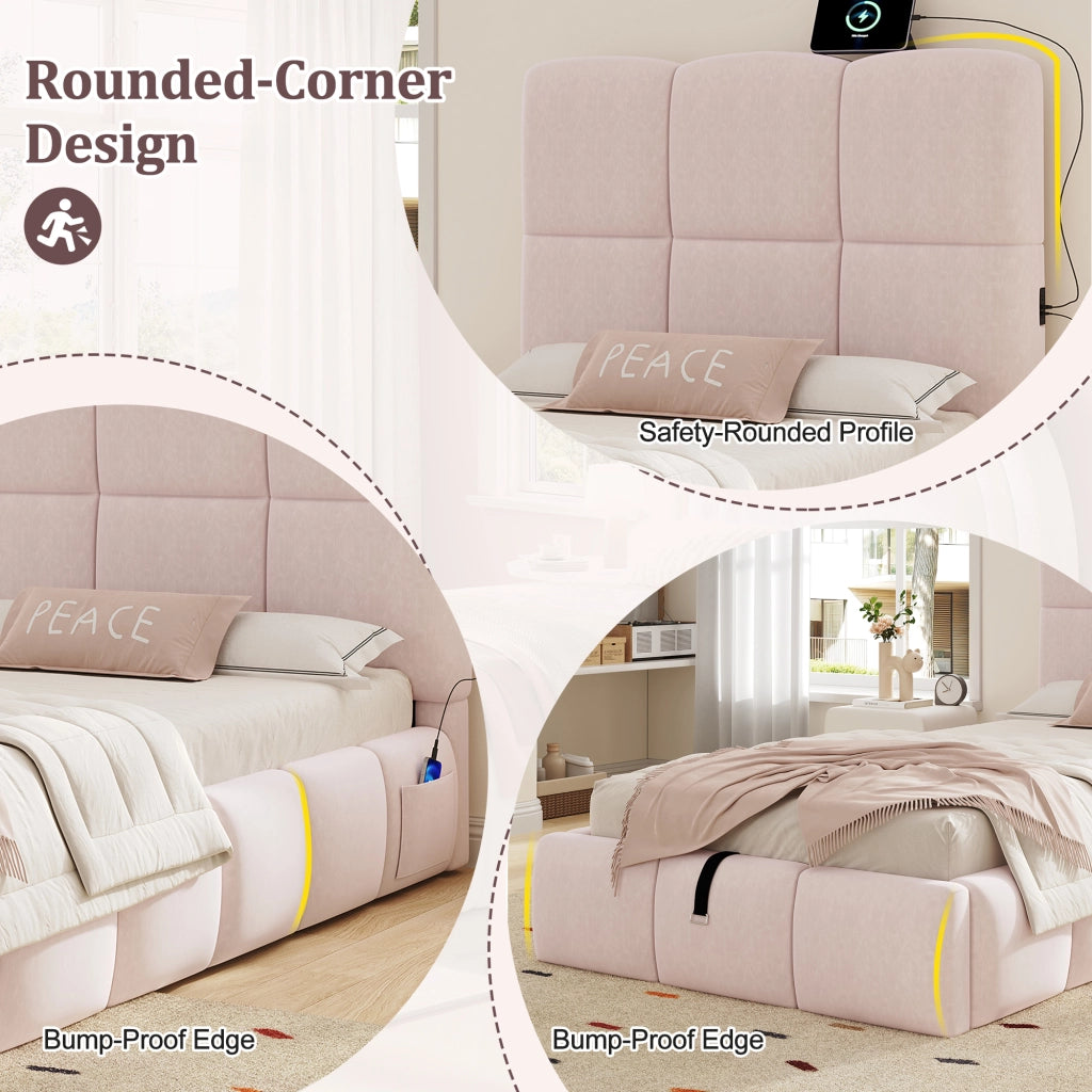 Letto imbottito 90 x 200 cm, letto per bambini, con vano portaoggetti, presa di ricarica USB, velluto, rosa