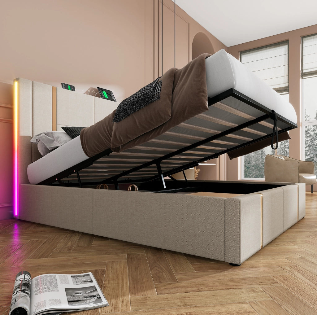 Letto imbottito 140x200 beige con materasso, LED RGB, USB-C e vano contenitore
