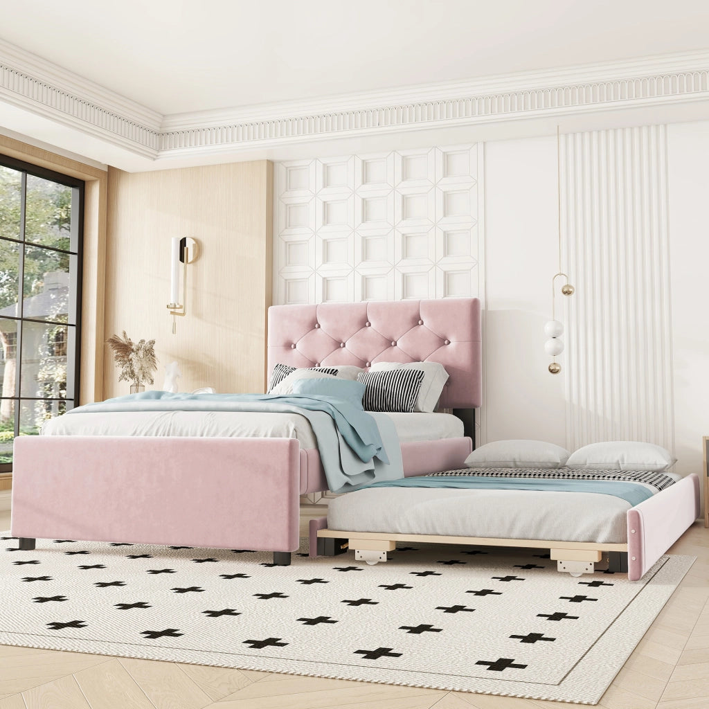 OKWISH Letto a scomparsa 90×200 cm, Letto Singolo con Letto Estraibile reversibile, Testiera con Bottoni e Rete, senza Materasso, Velluto, Rosa