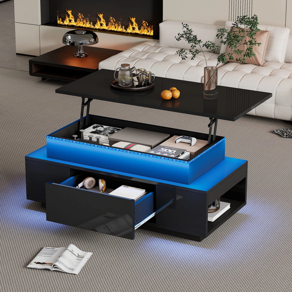 Tavolino Da Caffè Sollevabile con 1 Cassetto e Vano Nascosto; LED; Nero Lucido; in Pannello Truciolare; 96×45×40 cm