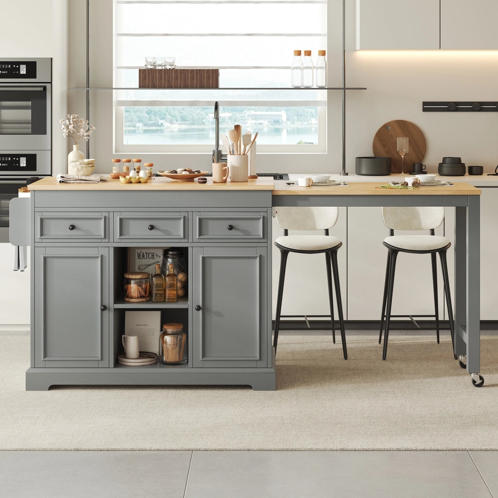 Mobili da cucina, isola da cucina, tavolo da pranzo allungabile, con rotelle, 3 cassetti, finitura effetto legno, grigio e color legno naturale