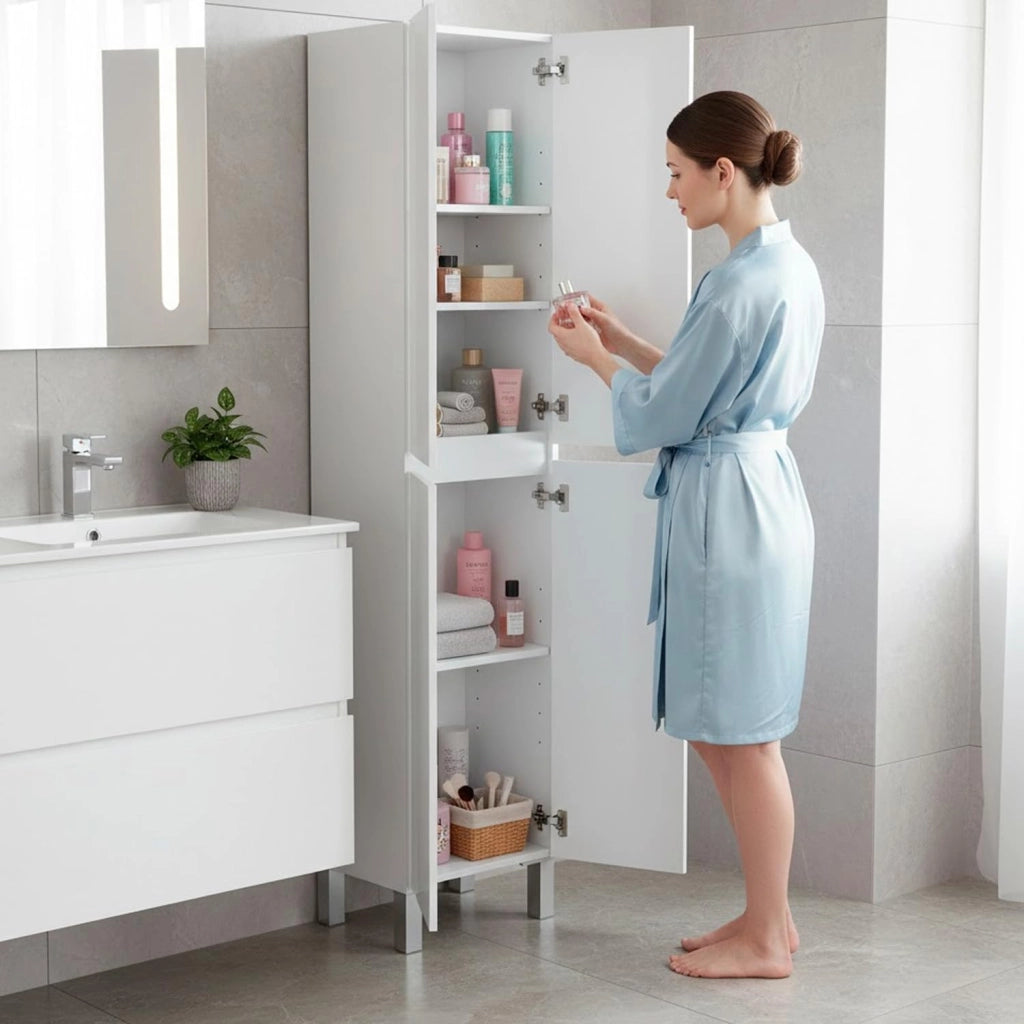 Mobile Alto Colonna Bagno 4 Ante Con Ripiani Regolabili Salvaspazio Design Moderno Elegante Ideale Per Bagno Lavanderia Ripostiglio 182 x 60 x 35 Cm Colore Bianco
