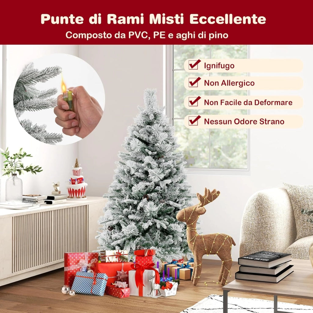 Albero di Natale Innevato 136/180/210 cm, Albero di Natale con 160/240/320 Luci LED, 472/850/1270 Rami di PE e PVC, 26/34/40 Pigne, Aghi di Pino e 8 Modalità di Illuminazione (136 CM)