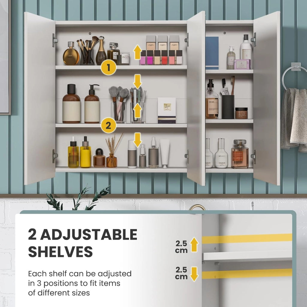 Mobiletto Bagno con Specchio, Specchio Bagno con 2 Ripiani di Stoccaggio, 90x11x65 cm, Bianco