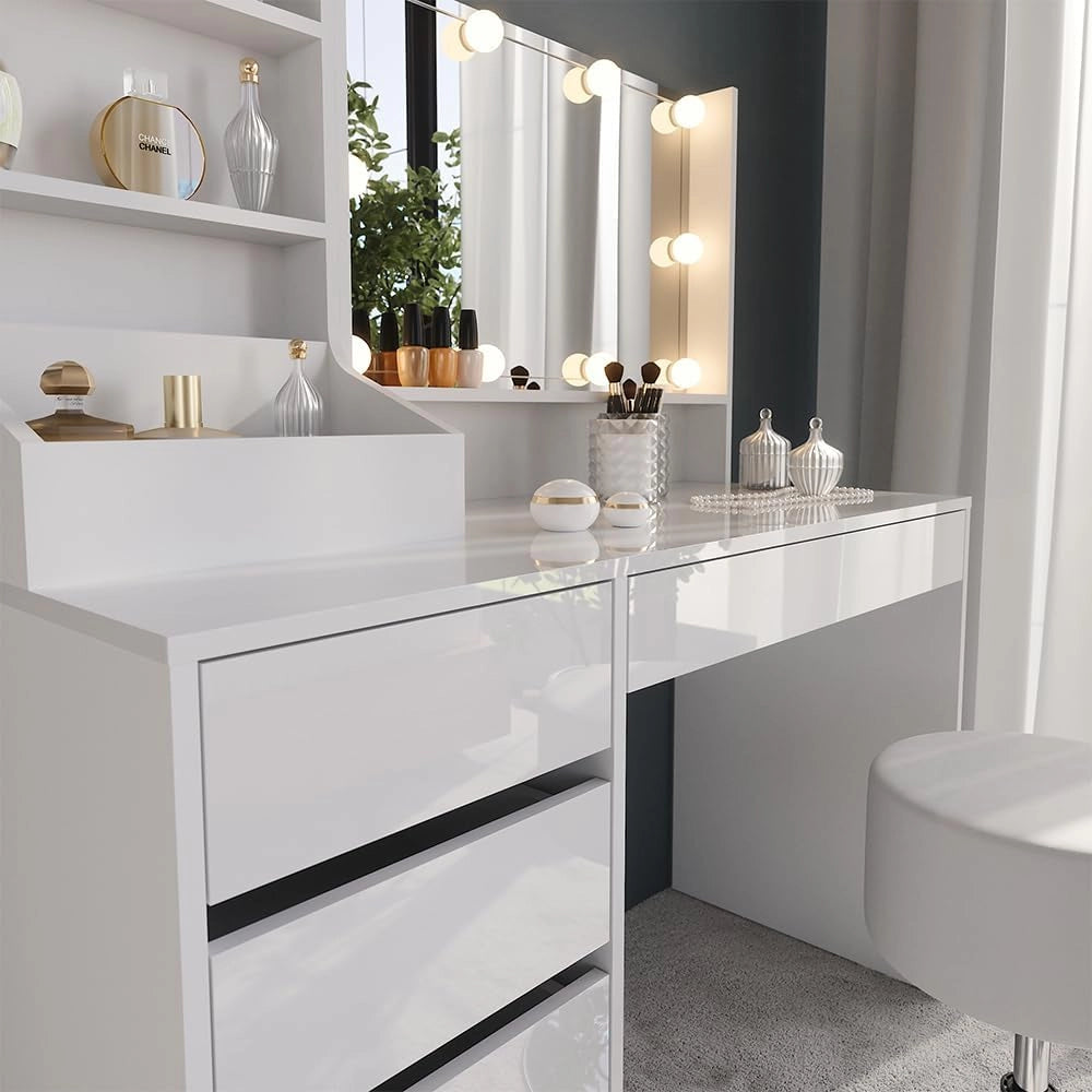 Tavolo da toeletta Sherry, Bianco/bianco lucido, 119.8 cm 4 parti