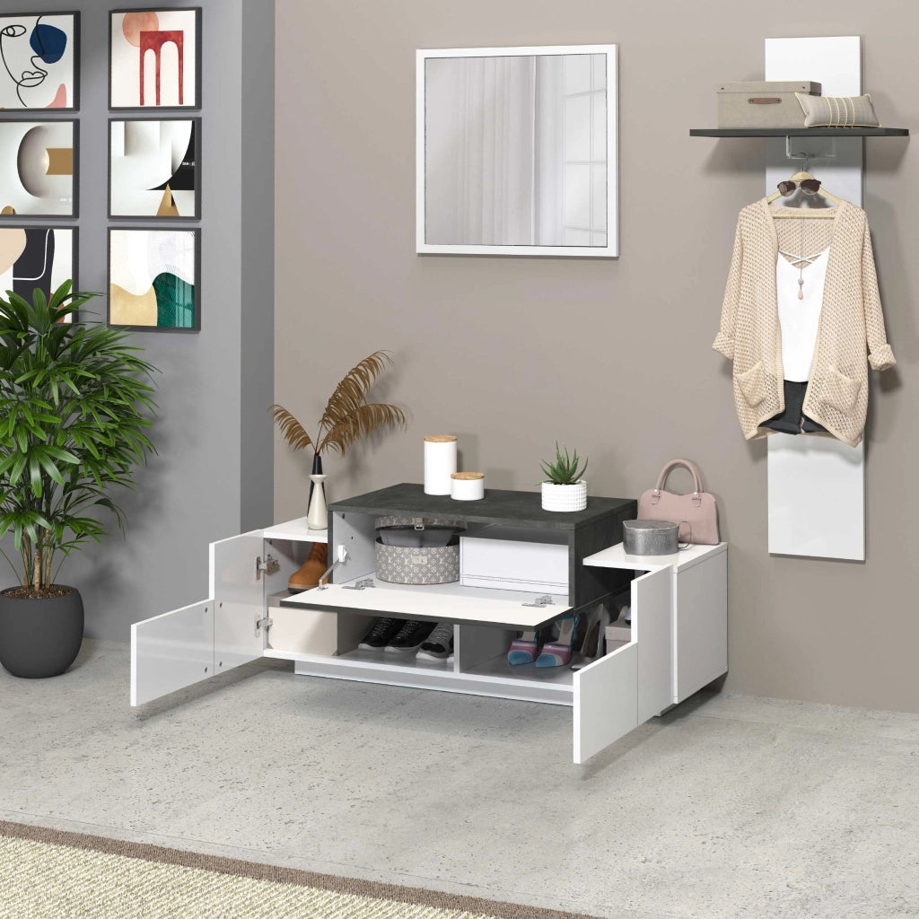 WHOUS Scarpiera a panca Corona 2 ante 1 ribalta bianco lucido/ardesia 120x45x51 cm