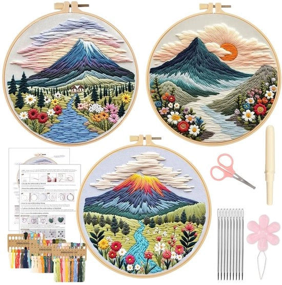 Pacchetto di Cucito Completo per Adulti - Paesaggio Montano - Quadro da Cucito 20 cm - Filo e Aghi - Cucito con Pelle