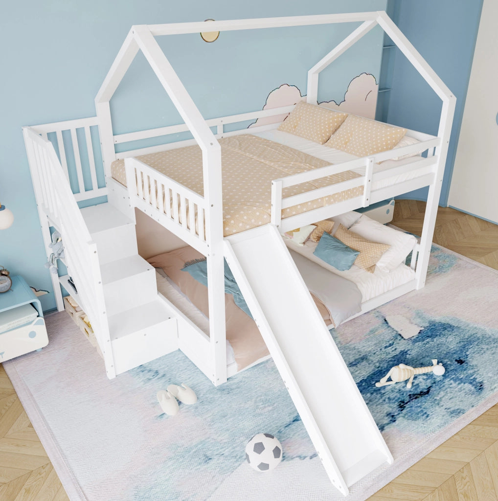 Letto a castello 140x200 cm con scala contenitore e scivolo; in legno di pino; bianco (Senza materasso)