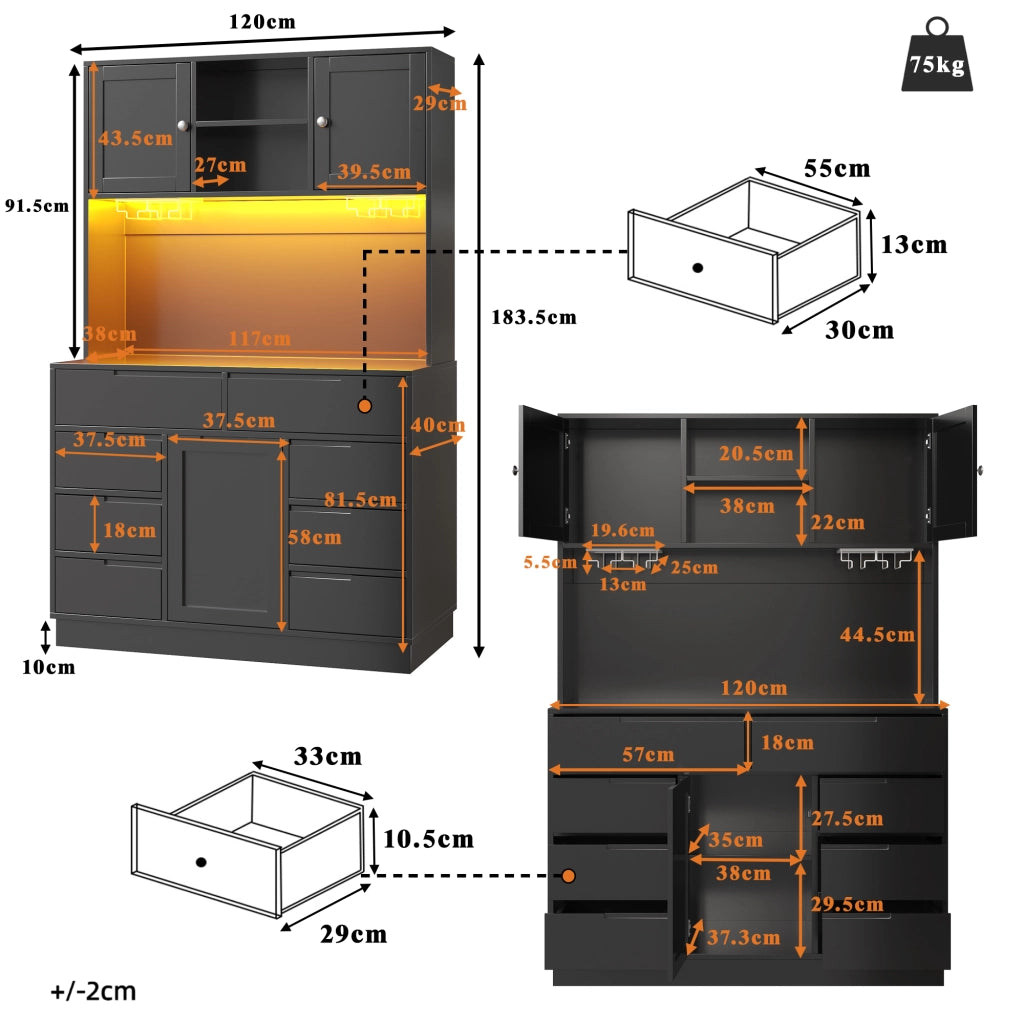 OKWISH Credenza Alta da Cucina con 8 Cassetti, Ripiani Regolabili e LED con USB, per Cucina, MDF, 120 x 40 x 183.5 cm