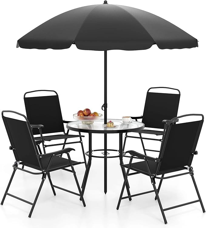 Set da Pranzo da Giardino a 6 Pezzi con Ombrellone, Tavolo e Sedie da Esterno con 4 Poltrone Pieghevoli e Tavolo Rotondo in Vetro Temperato per Giardino, Terrazza, Prato e Cortile