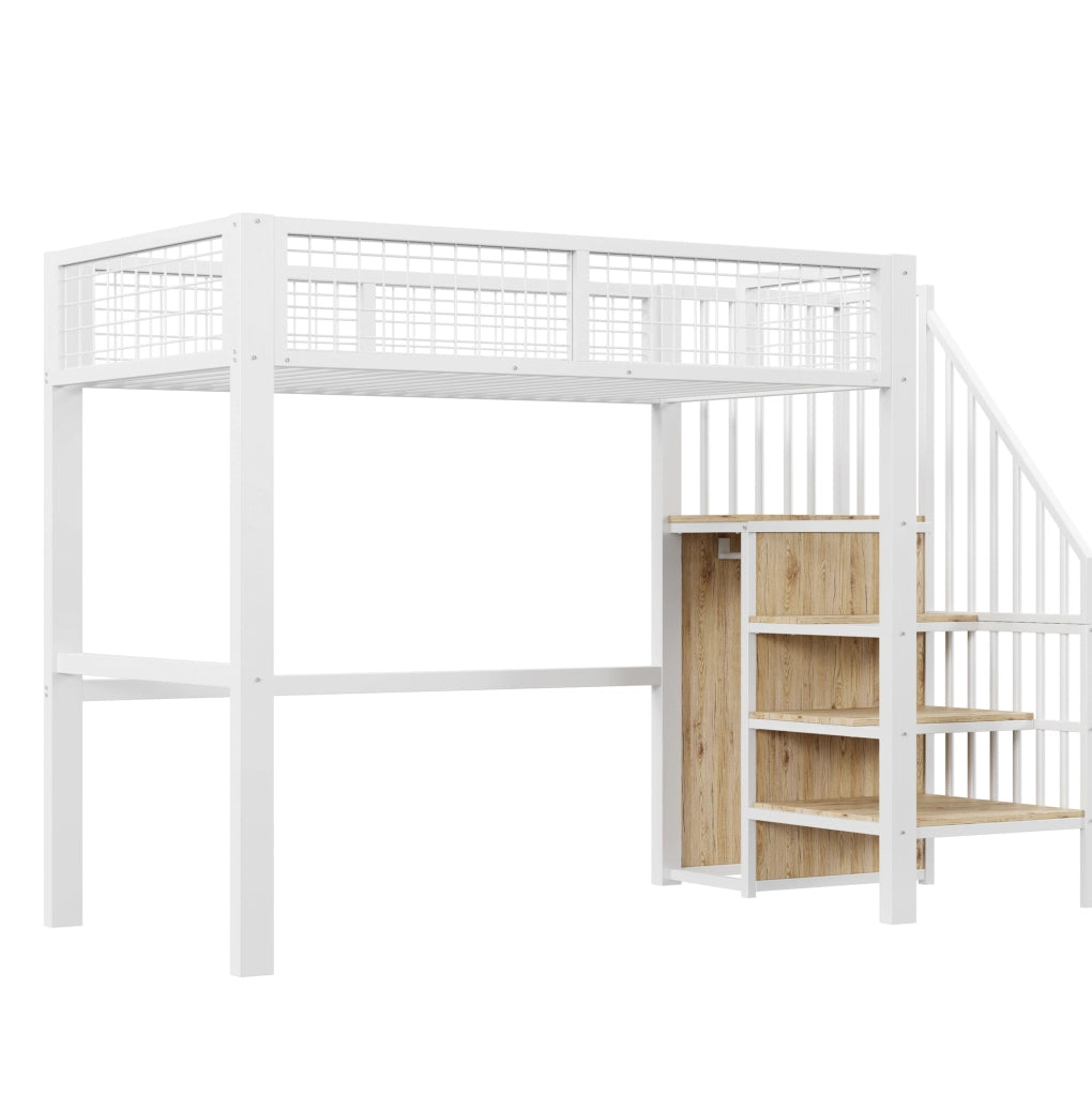 Letto a soppalco 90x200 cm con scala e armadio in metallo bianco