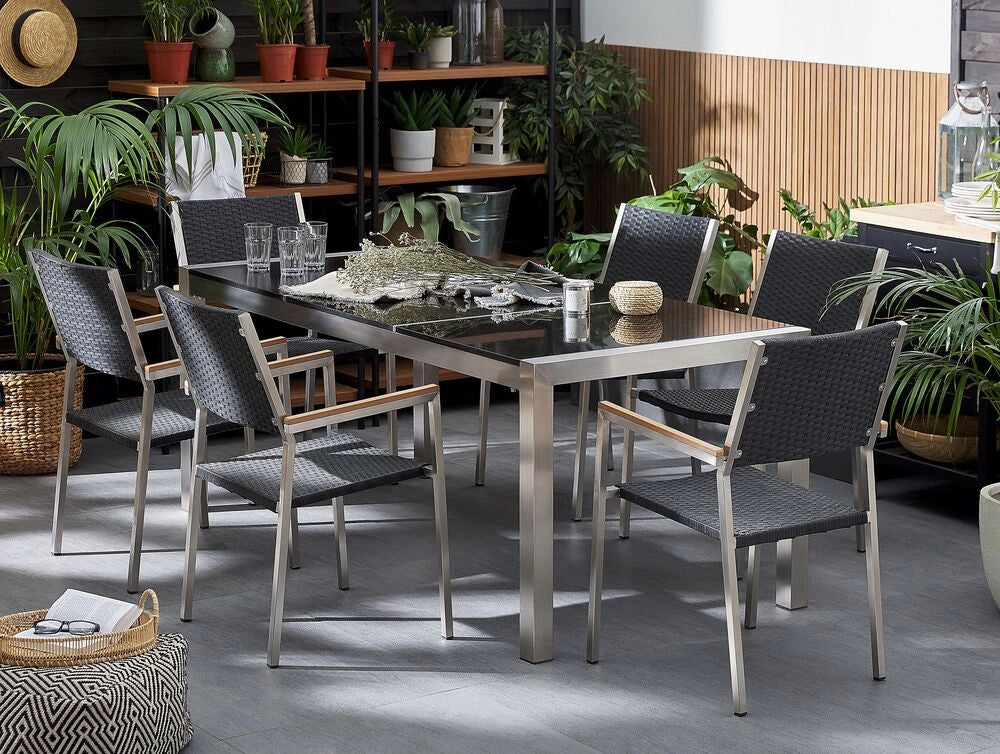 Set da pranzo da giardino Nero con piano in granito Nero sedie in rattan 6 posti 180 x 90 cm piastra tripla
