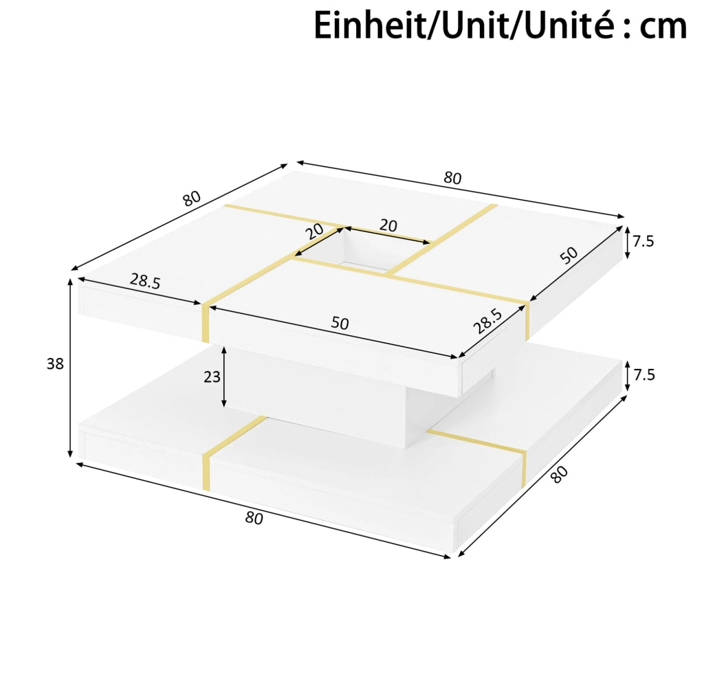 Tavolino da caffè quadrato a 2 livelli 80x80x38 cm in pannello truciolare bianco