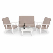 SET SALOTTO DA GIARDINO CON DIVANO, 2 POLTRONE + TAVOLINO IN LEGNO BIANCO E TESSUTO COLORE BEIGE
