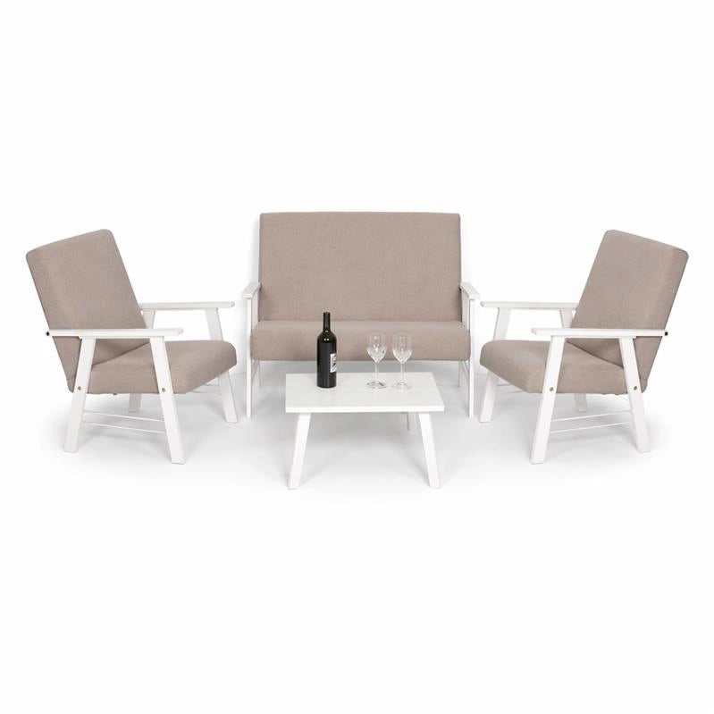 SET SALOTTO DA GIARDINO CON DIVANO, 2 POLTRONE + TAVOLINO IN LEGNO BIANCO E TESSUTO COLORE BEIGE