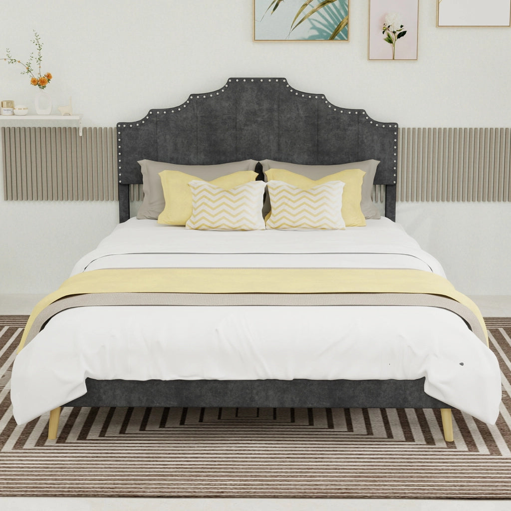 Letto Matrimoniale 140x200 cm; Letto Contenitore; Testiera Geometrica e in Tessuto Grigio