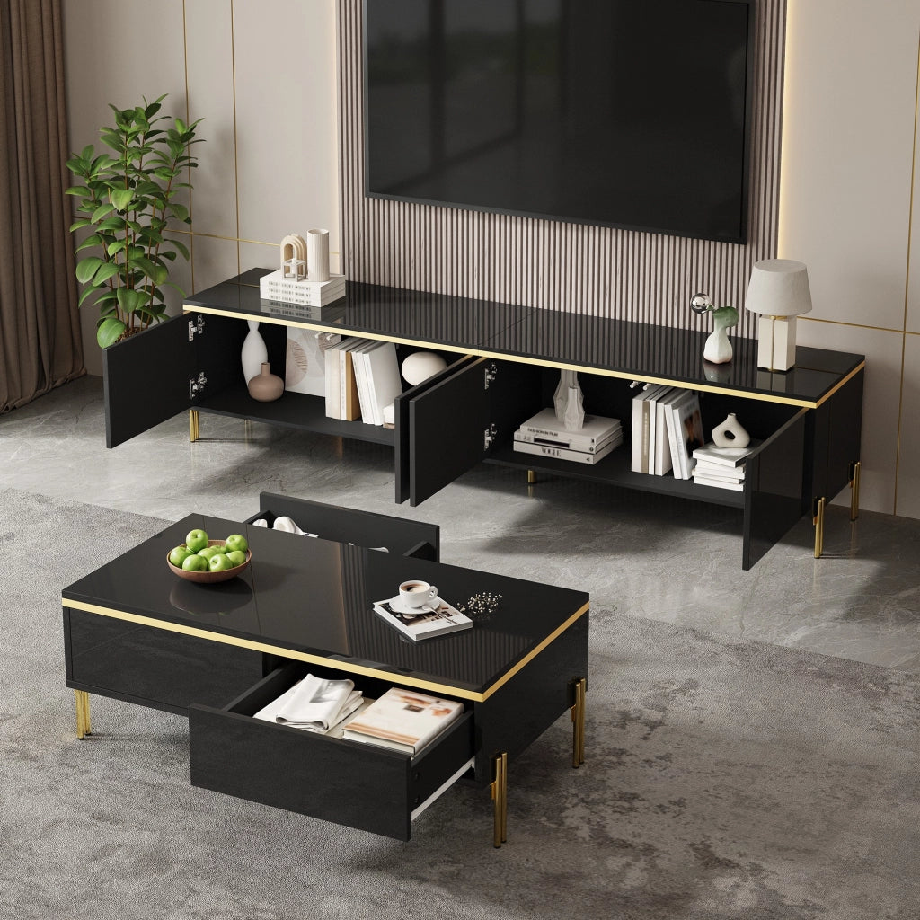 Set Mobile TV e Tavolino da Caffè con 1 Mobile TV e 1 Tavolino; Ampio Contenimento; Stile Lusso Sobrio; Pannelli di Particelle; Nero