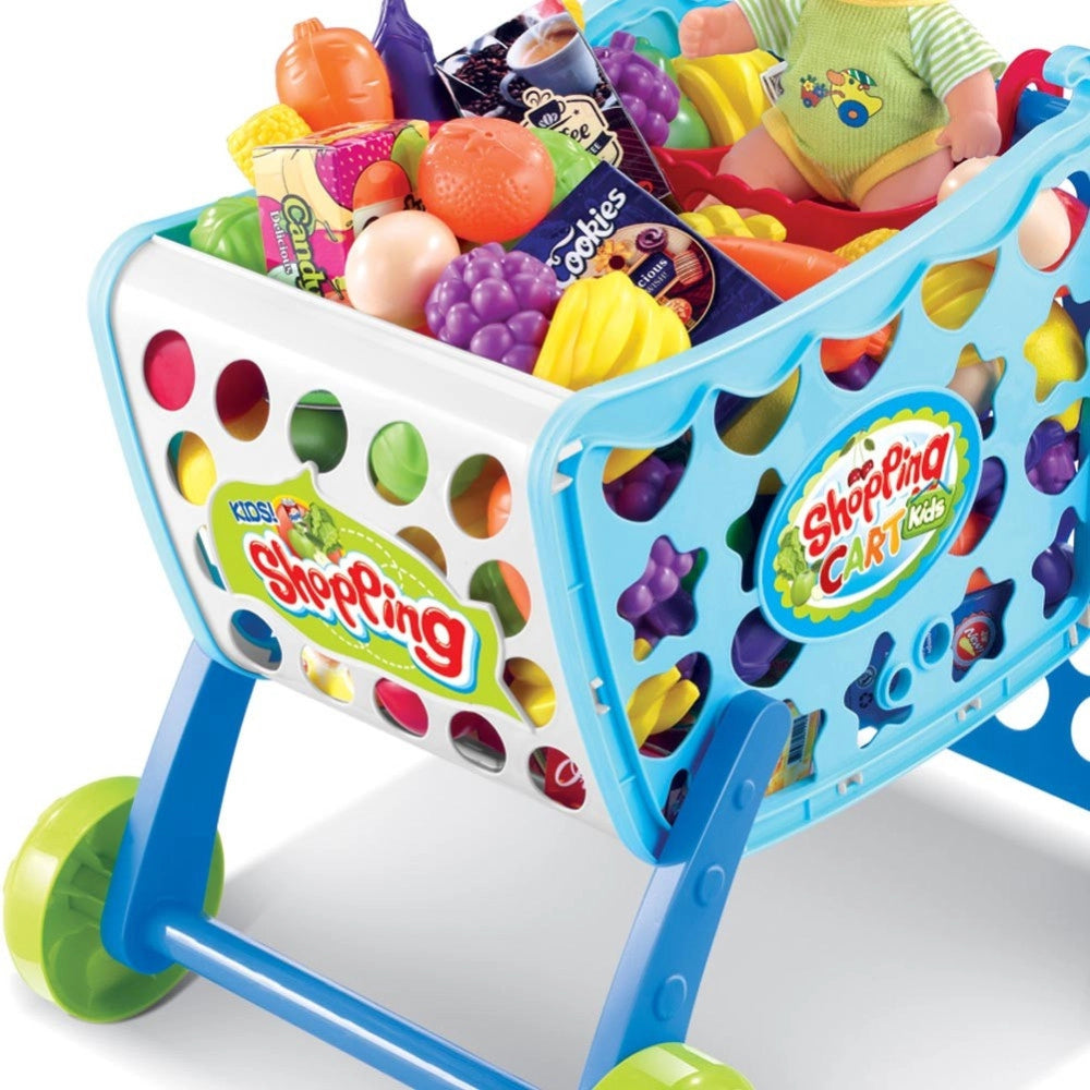 Trade Shop - Carrello Spesa Supermarket Per Bambini Rosa Azzurro Con Frutta E Verdura 3in1 -