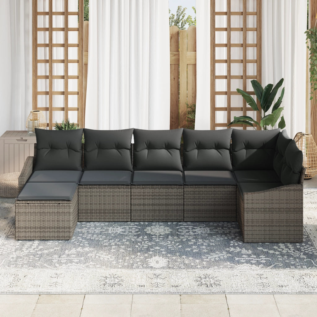 Set Divano da Giardino 7 Pezzi con Cuscini Rattan Grigio Poliestere