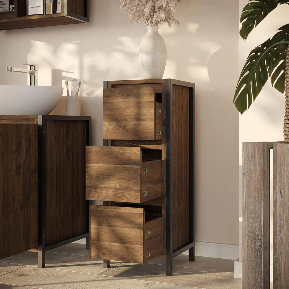 mobiletto bagno Naola, Quercia/nero, 30 x 80 cm con 3 cassetti, per la conservazione di articoli da bagno e asciugamani