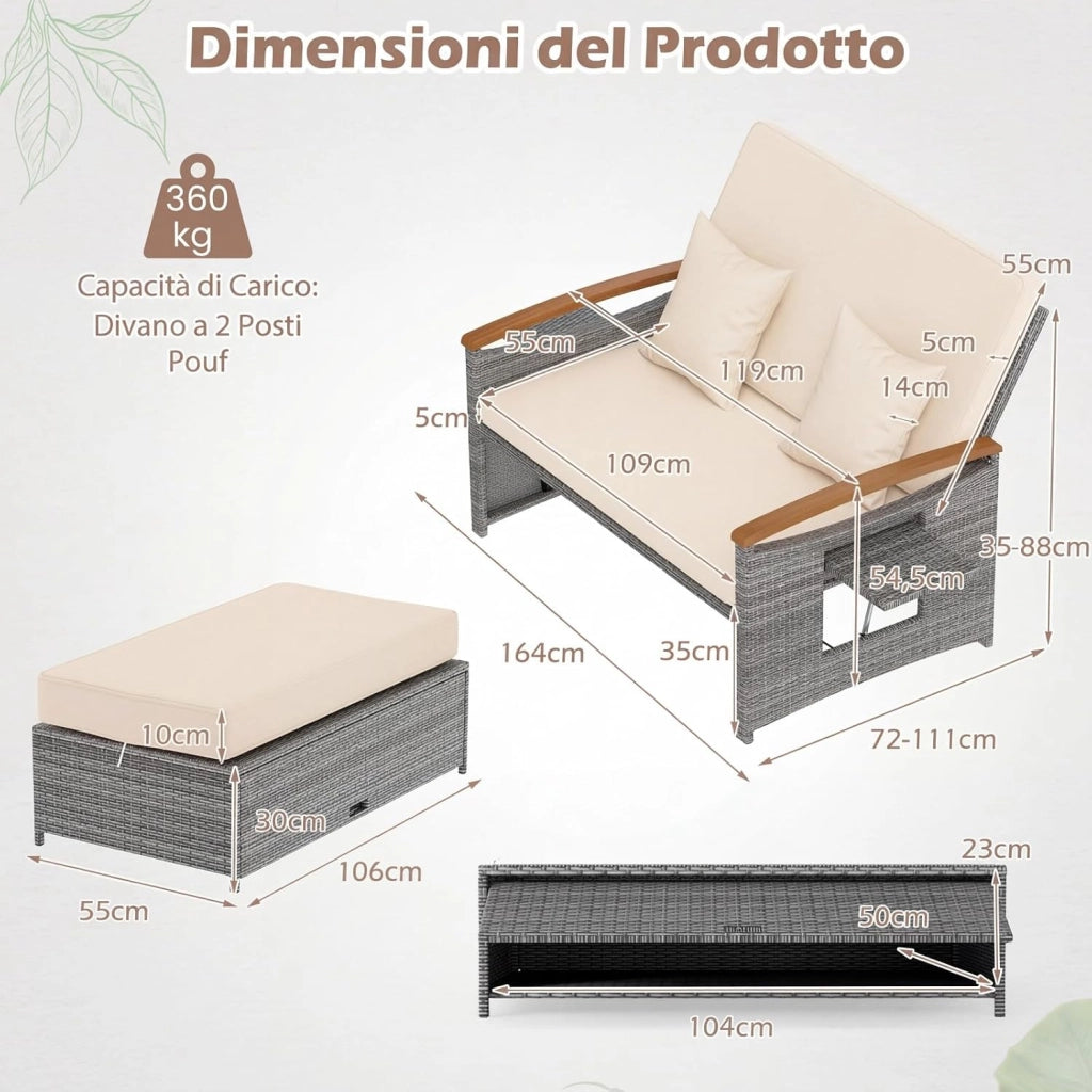 Lettino Prendosle da Giardino con Cuscino per 2 Persone, Divano in Rattan con Panca Contenitore, Schienale Regolabile a 4 Livelli e Vassoi Laterali Estraibili per Balcone e Terrazza