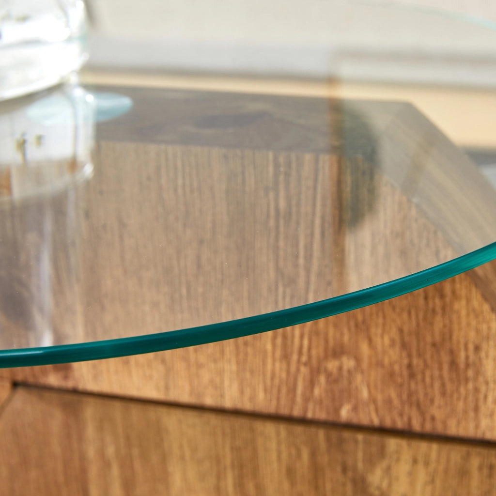 Tavolino basso modulare in vetro temperato e MDF con doppio piano effetto legno trasparente 78,5 × 78,5 × 24,5 cm