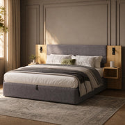 Letto matrimoniale 160x200 cm in velluto con contenitore idraulico; USB e 2 comodini; naturale e grigio