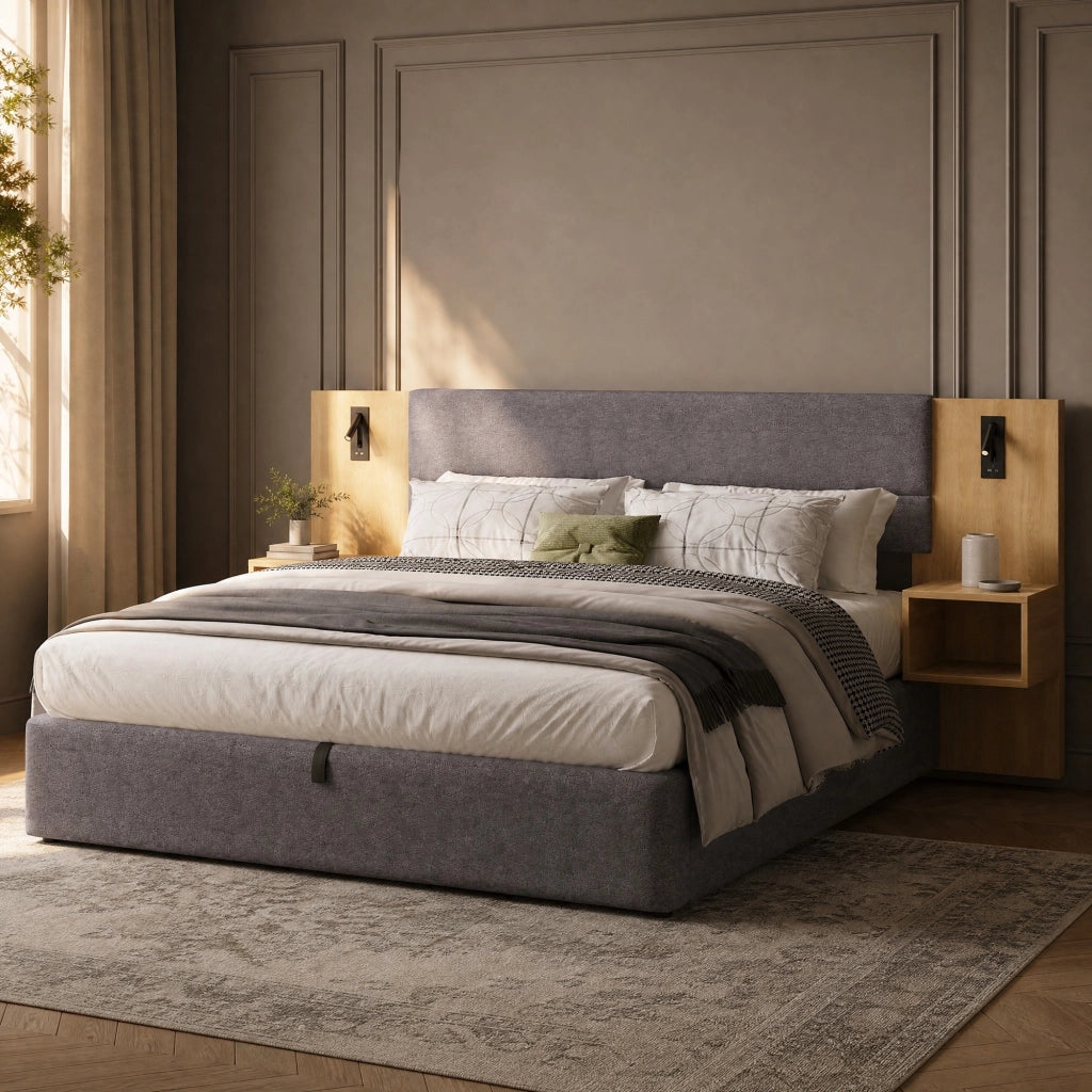 Letto matrimoniale 160x200 cm in velluto con contenitore idraulico; USB e 2 comodini; naturale e grigio