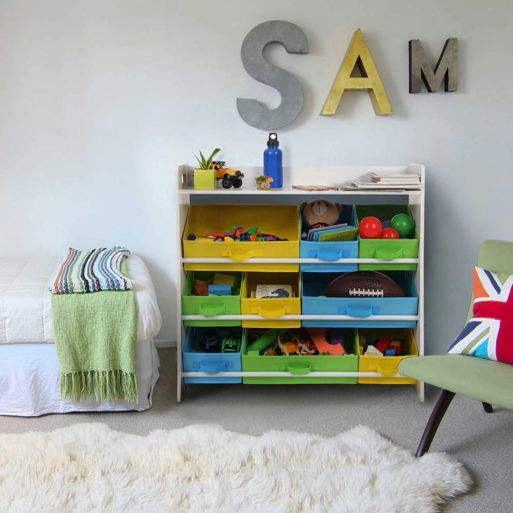 Scaffale portagiochi per bambini con 9 cestini rimovibili in tessuto non tessuto multicolore organizer per sala giochi struttura in MDF bianco 12_0002282