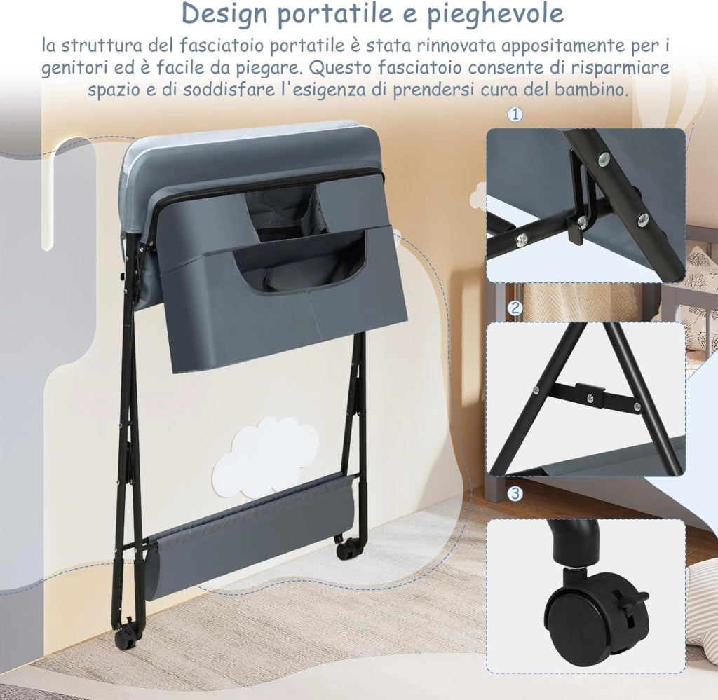 Fasciatoio per Neonati Pieghevole e Portatile, Fasciatoio con Ruote Bloccabili, Cestino, Barra e Ripiano Inferiore, Tessuto Oxford, Grigio