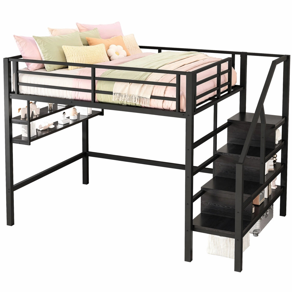 Letto a soppalco 140x200 cm con ripiani, scala contenitore e ringhiera di sicurezza