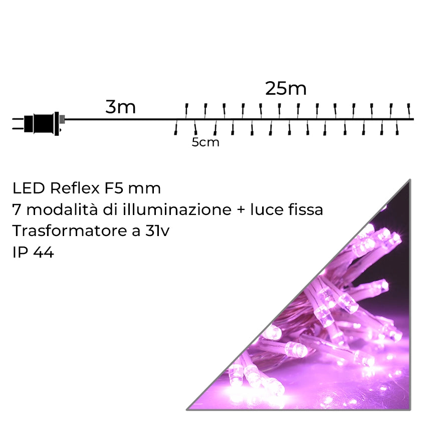 CATENA LUMINOSA 500 LED ROSA CAVO TRASPARENTE DA 25 METRI CON TRASFORMATORE 31V - IDEALE PER CASA GIARDINI E VETRINE