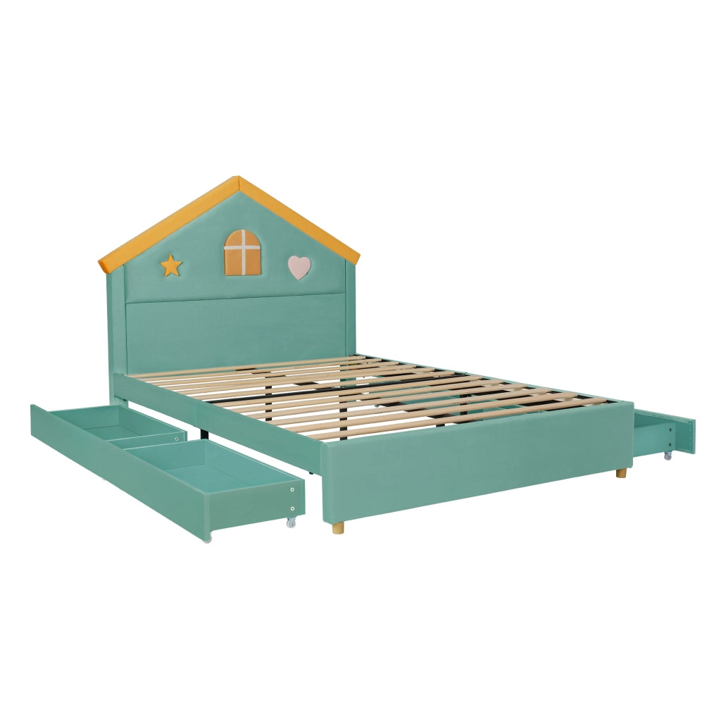 Letto per bambini con cassetti ¨C Minimal ¨C Blu velluto imbottito 140x200 cm