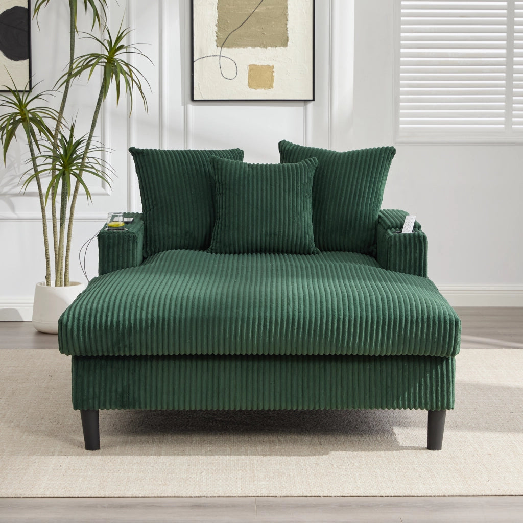 Divano Angolare in Velluto a Coste con Chaise Longue ¨C MINIMAL ¨C con LED, USB, Contenitore, Portabicchieri