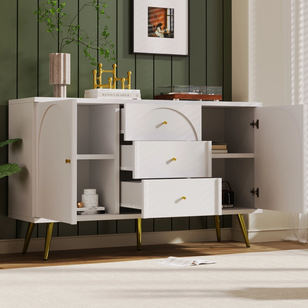 Cassettiera con 2 Ante e 3 Cassetti; Ripiano Regolabile; Stile Classico; in Legno e Metallo; 140??40??84 cm; Bianco Crema