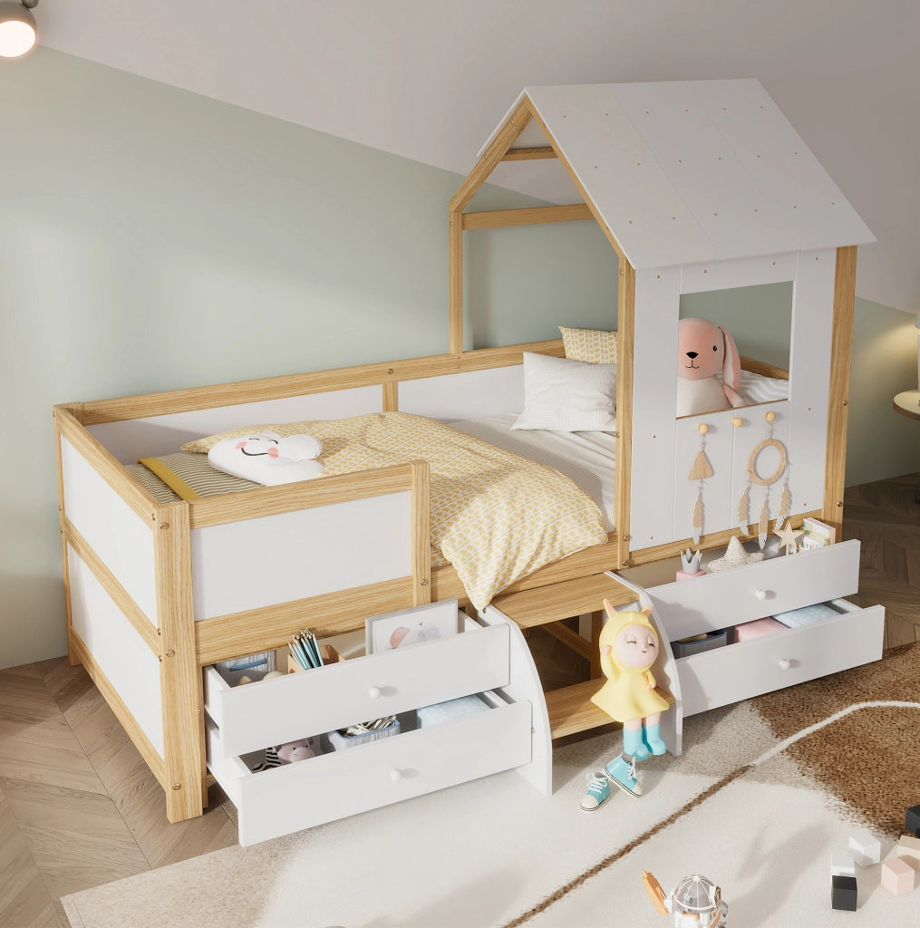 Letto per bambini a casetta semialto con 4 cassetti e scaletta 90x200 cm