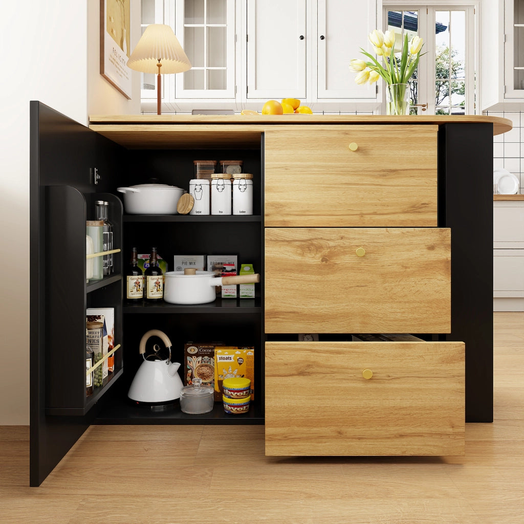 Tavolo bar allungabile e girevole 360° con vano snack, 3 cassetti e ripiani, MDF nero