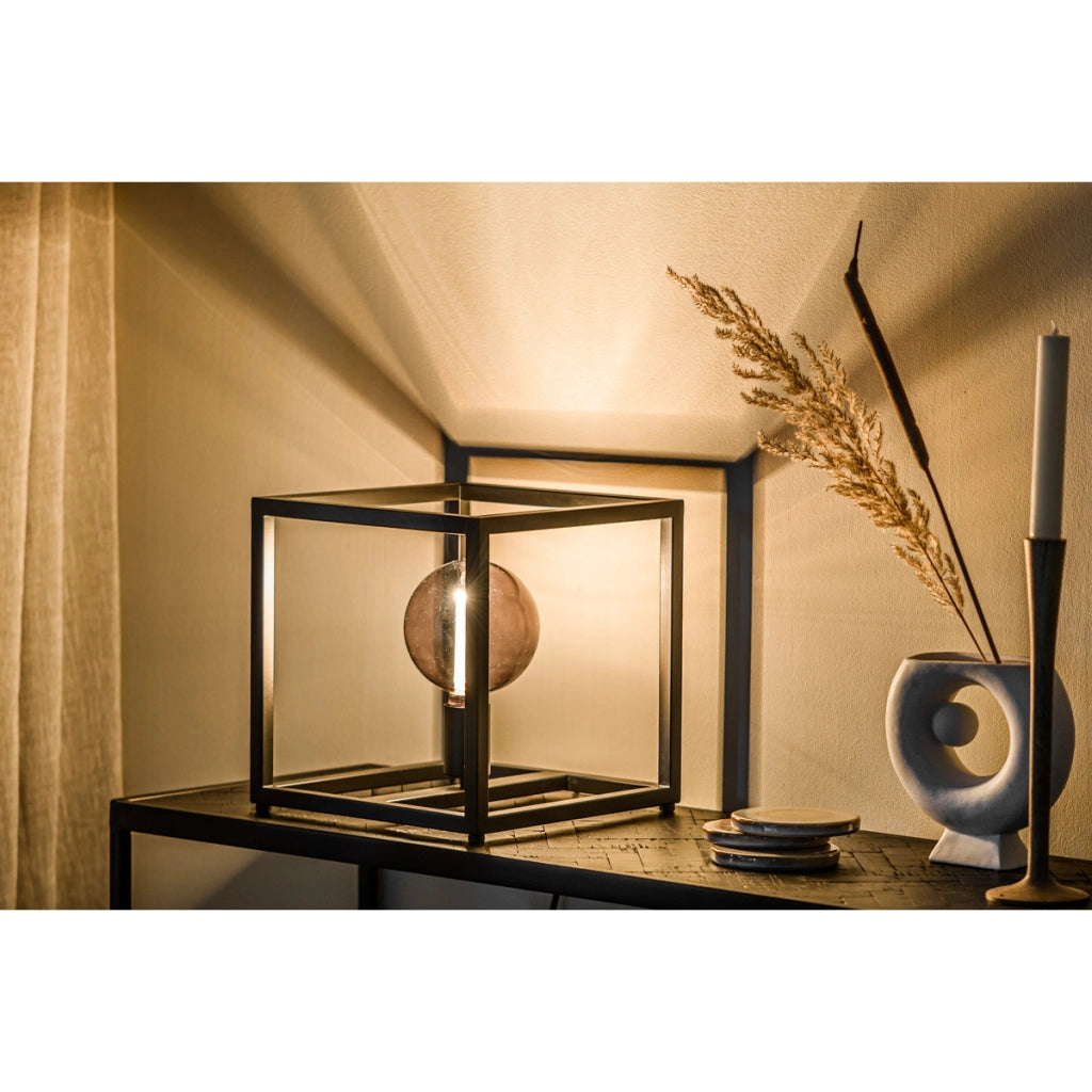 Lampada da tavolo T340 nera a cubo in metallo, 28 cm